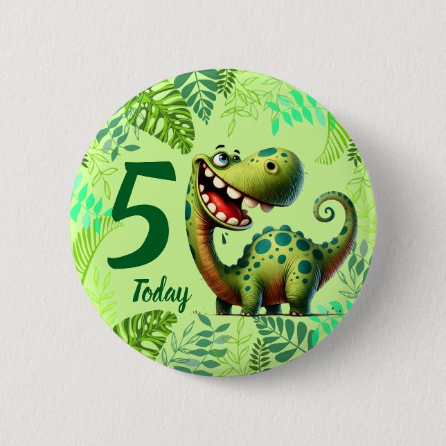 Cute Green Dinosaur 5th Birthday Knapp (Framsida)