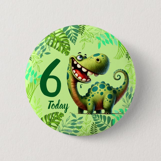 Cute Green Dinosaur 6th Birthday Knapp (Framsida)