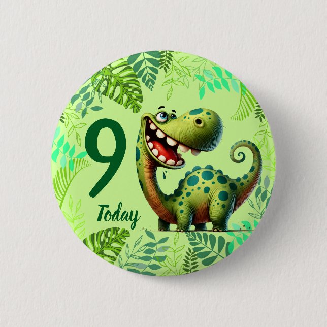 Cute Green Dinosaur 9th Birthday Knapp (Framsida)