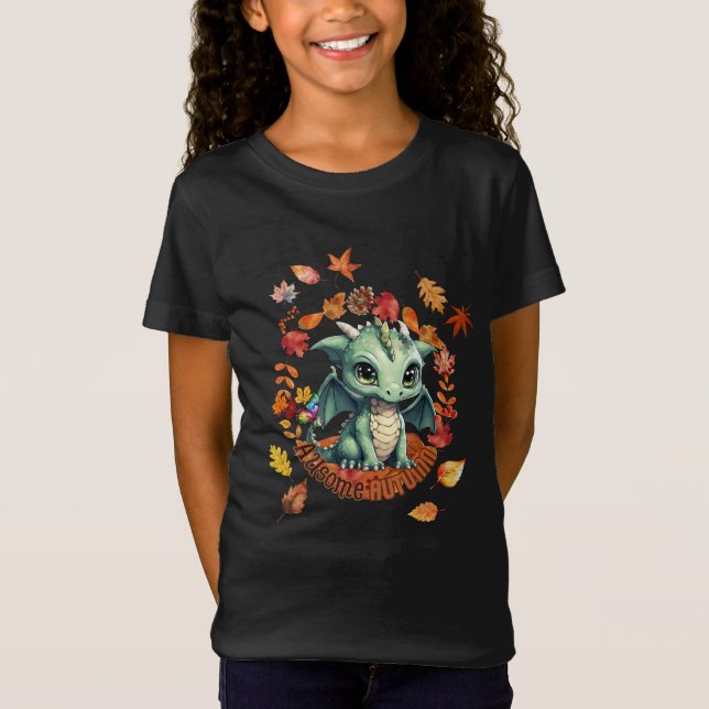 Cute Green Dragon “Autism Awesome Autumn” Design  T Shirt (Framsida)