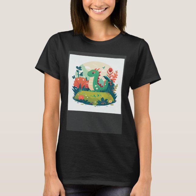 Cute Green Dragon in a garden forest T Shirt (Framsida)