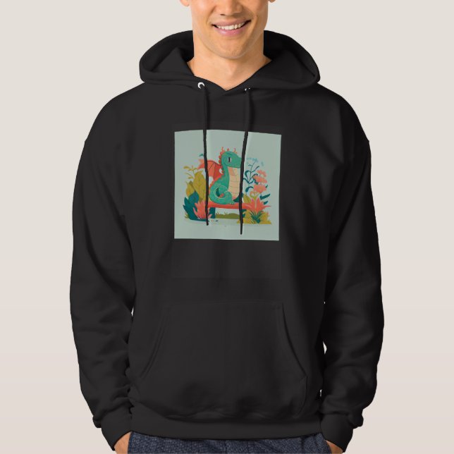 Cute Green Dragon sitting on bench in a garden for Hoodie (Framsida)