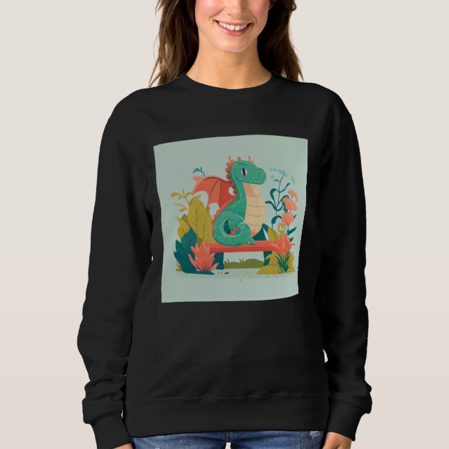 Cute Green Dragon sitting on bench in a garden for T Shirt (Framsida)