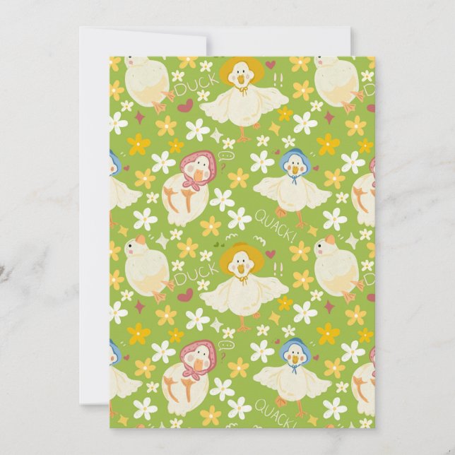 Cute Green Duck & Daisy Flower Seamless Pattern Inbjudningar (Framsida)