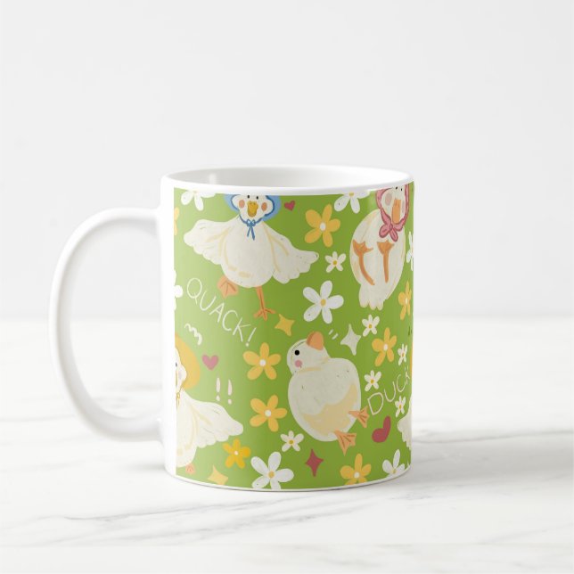 Cute Green Duck & Daisy Flower Seamless Pattern Kaffemugg (Vänster)