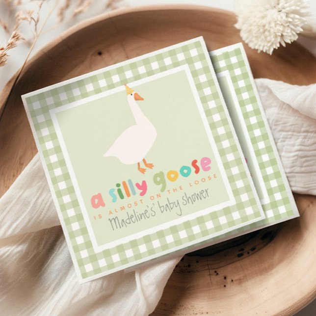 Cute Green Gingham Neutral Silly Goose Baby Shower Pappersservett (Skapare uppladdad)
