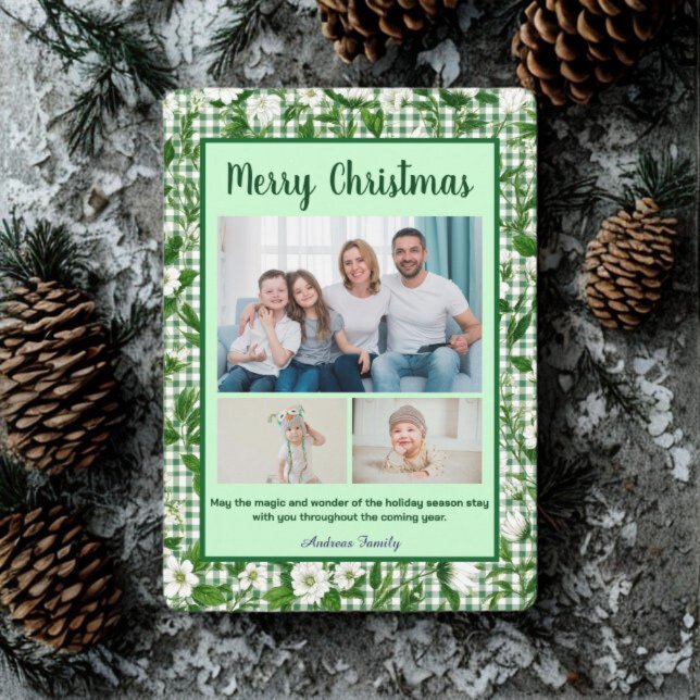 Cute Green Gingham Plaid 3 Photo Christmas  Julkort (Skapare uppladdad)