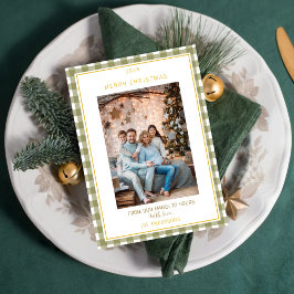Cute Green Gingham Plaid Custom Photo Christmas Julkort