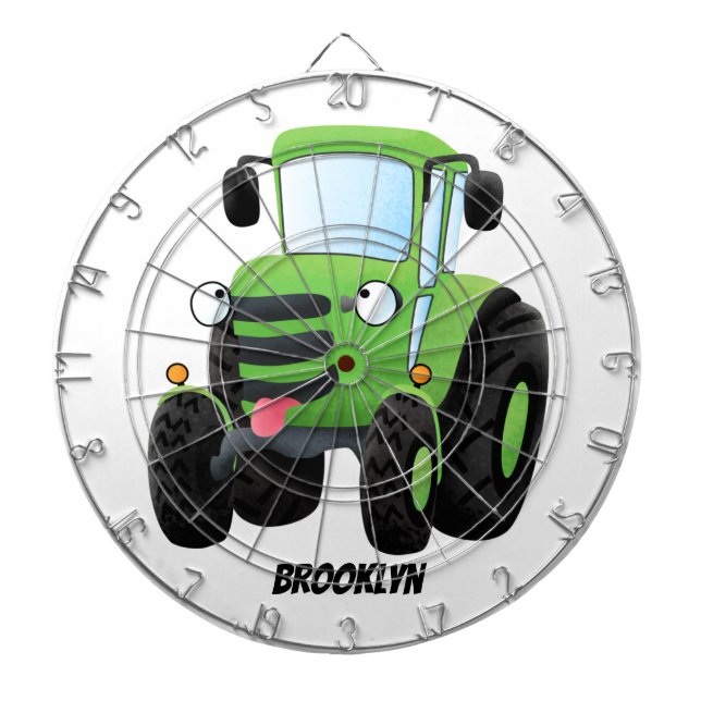 Cute green happy farm tractor cartoon illustration darttavla (Framsidan)