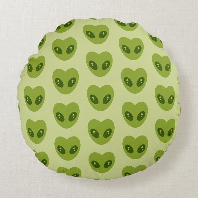 Cute Green Heart-Shaped Alien Head Pattern Rund Kudde (Framsidan)