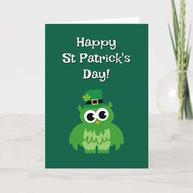 Cute green leprechaun owl bird St Patricks Day Kort (Framsida)