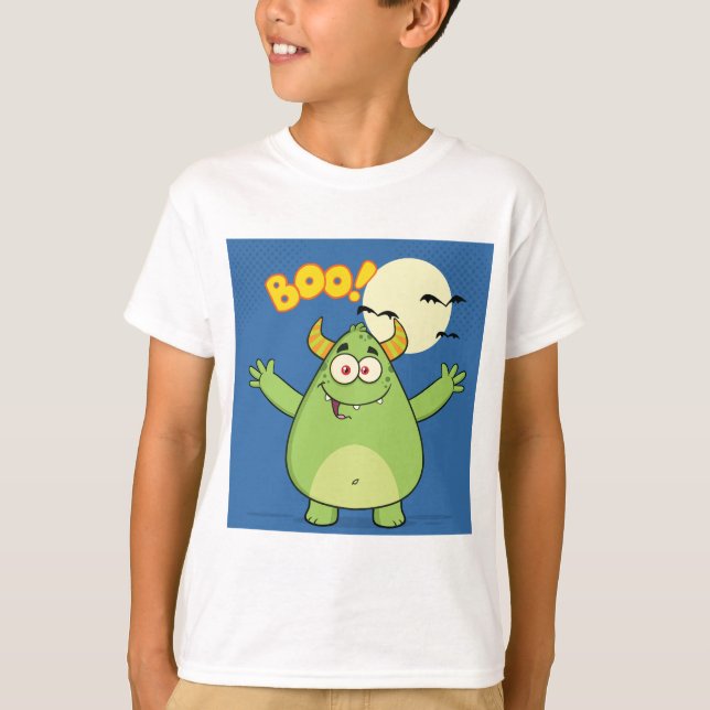 Cute Green Monster Halloween Boo T Shirt (Framsida)