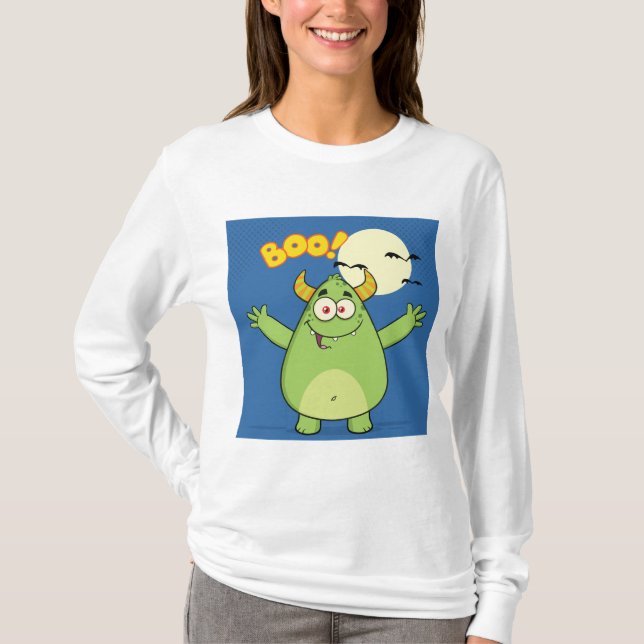 Cute Green Monster Halloween Boo T Shirt (Framsida)