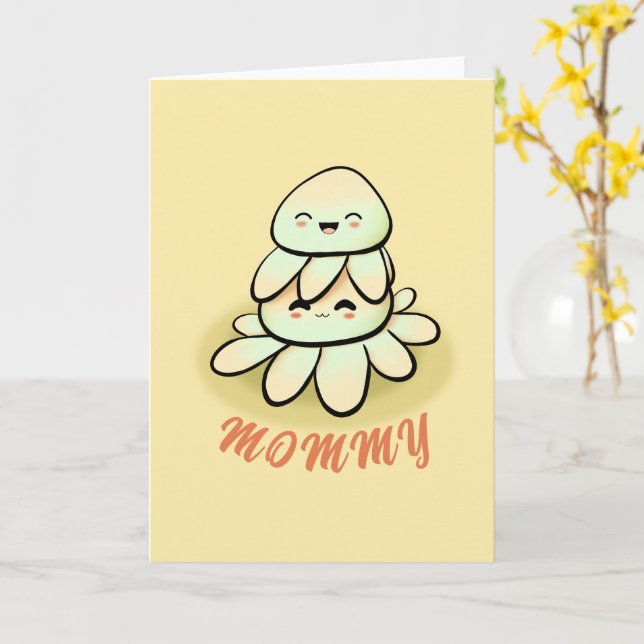 cute green octopus mother Card Kort (Gul blomma)