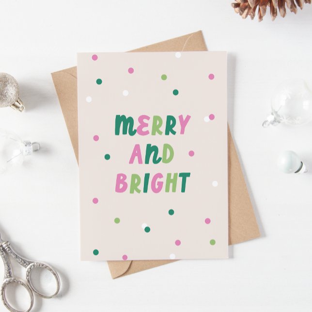 Cute Green Pink Merry & Bright Confetti Christmas Helgkort (cute, modern, Merry and Bright Christmas card in pink and green)