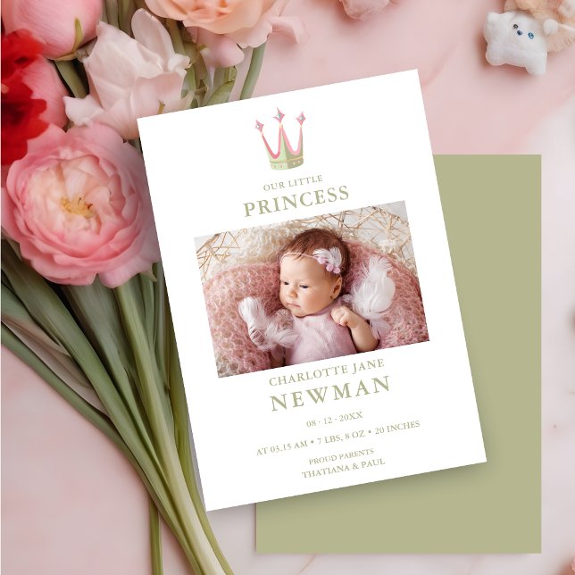 Cute Green Pink Princess Crown Photo Baby Newborn Meddelande (Cute Green & Pink Princess Crown Photo Baby Newborn Announcement Card with Envelope. )