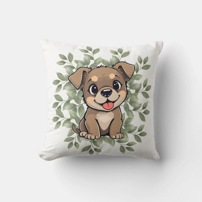 Cute Green Puppy Pillow – Minimal Nature Dog Decor Kudde (Framsida)