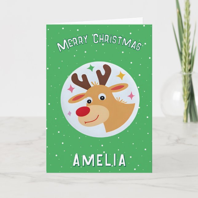 Cute Green Reindeer Kid`s Name Merry Christmas Kort (Framsida)