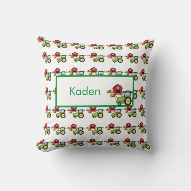 Cute green tractor and red barn personalized  kudde (Framsida)