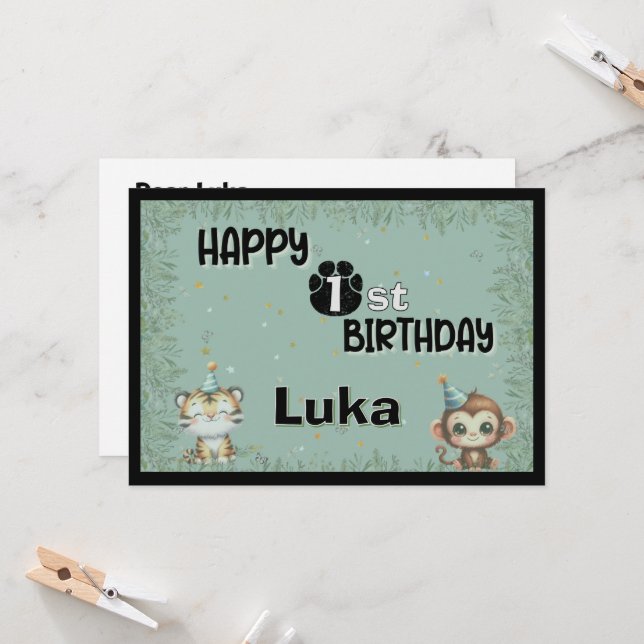 Cute Greenery 1:a Vilden Safari Grattis på födelse (Fram/Back In Situ)