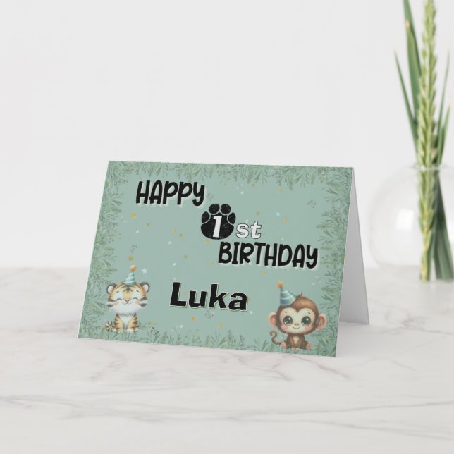 Cute Greenery 1:a Vilden Safari Grattis på födelse Inbjudan (Framsida)