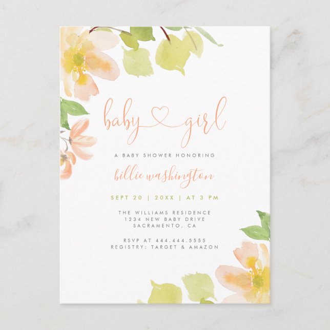 Cute Greenery  Blommigt Script Girl Baby Shower Inbjudan Vykort (Framsida)