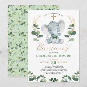 Cute Greenery Elephant Grönt Guld Christening Inbjudningar