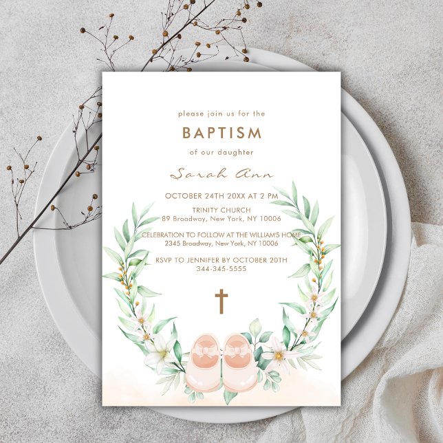 Cute Greenery Eucalyptus Guld Kor Girl Baptism Inbjudningar (Cute Greenery Eucalyptus Gold Cross Girl Baptism Invitation)