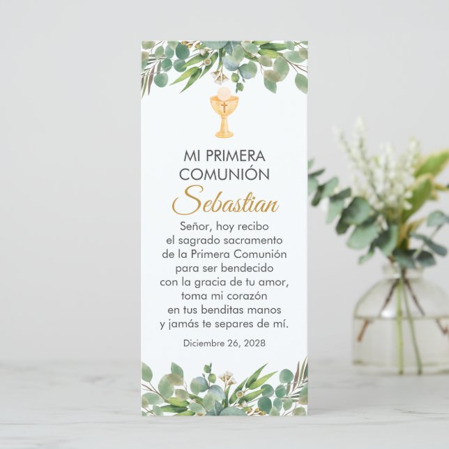 Cute Greenery First Communion Bookmark på spanska (Stående Fram)
