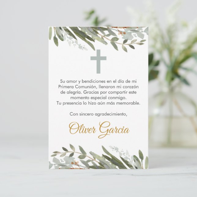 Cute Greenery First Communion på spanska Editable Tack Kort (Stående Fram)