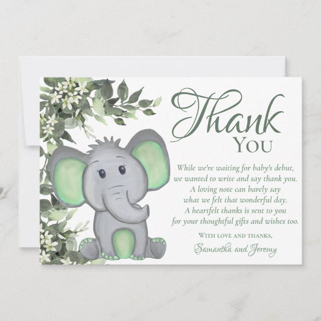 Cute Greenery Gender Neutral Elephant Baby Shower Tack Kort (Framsida)
