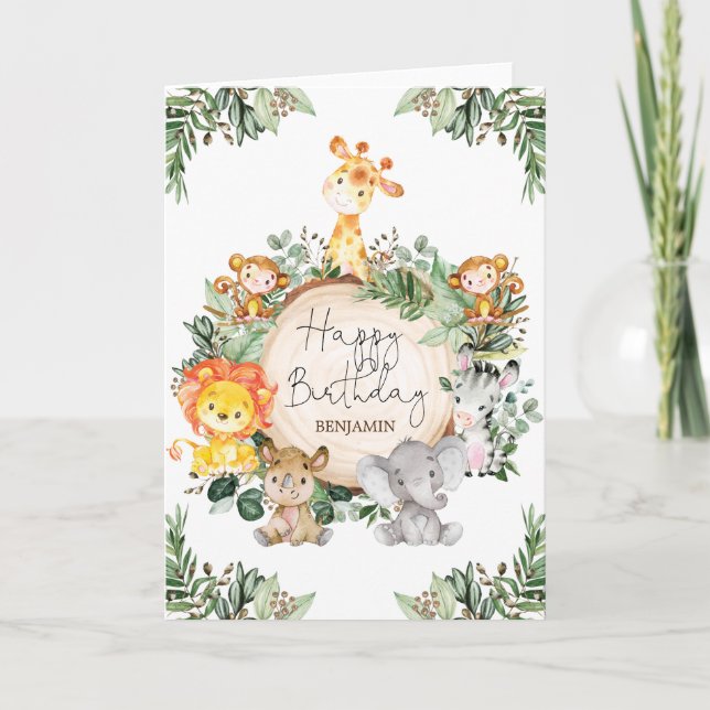 Cute Greenery Jungle Safari Animals Grattis på föd Kort (Framsida)