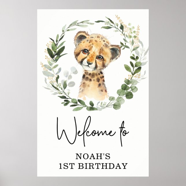 Cute Greenery Leopard Vild Jungle Birthday Välkomm Poster (Framsidan)