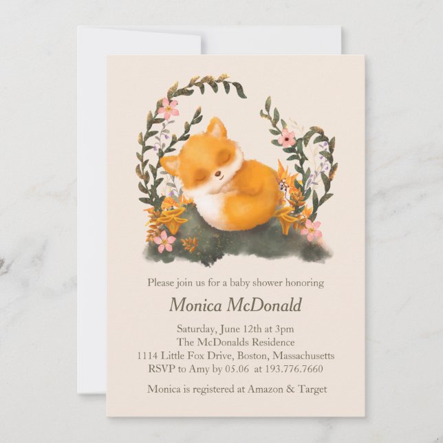 Cute Greenery Little Fox Baby Shower Inbjudningar (Framsida)