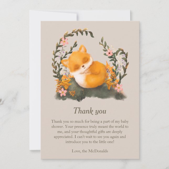 Cute Greenery Little Fox Baby Shower Tack Kort (Framsida)