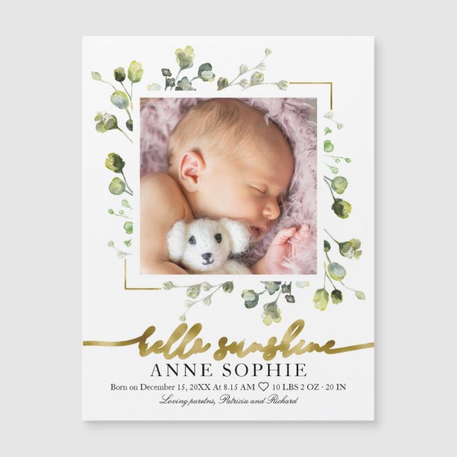 Cute Greenery Photo Birth Anouncement Card (Framsida)