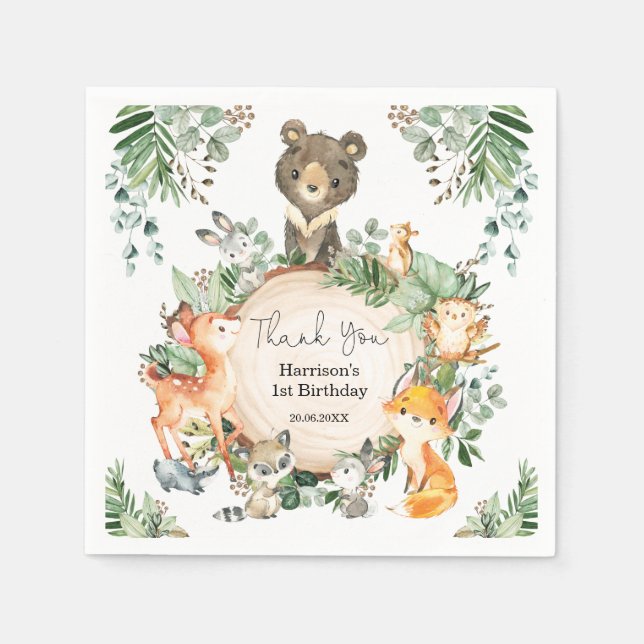 Cute Greenery Woodland Baby Vilda djur Birthday Pappersservett (Framsidan)