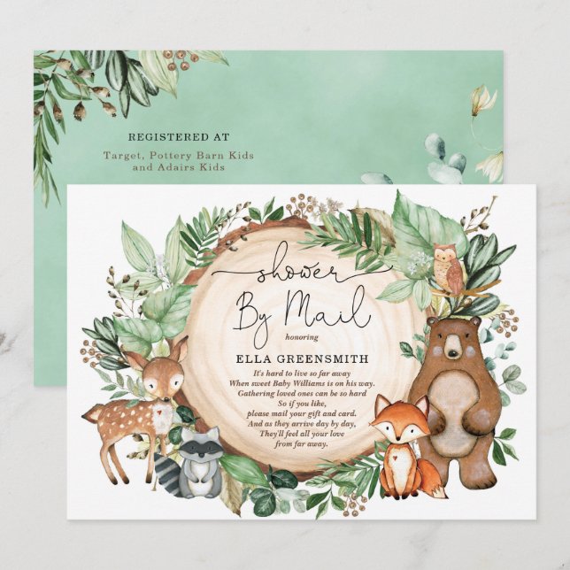 Cute Greenery Woodland Forest Baby Shower efter po Inbjudningar (Fram/baksida)