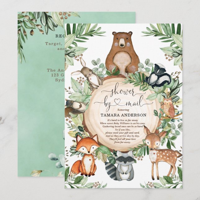 Cute Greenery Woodland Vilda djur Shower by Mail Inbjudningar (Fram/baksida)