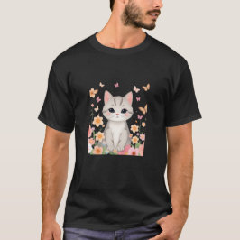 Cute Grey Cat Floral Garden Butterflies Art ✨🐾🌸 T Shirt