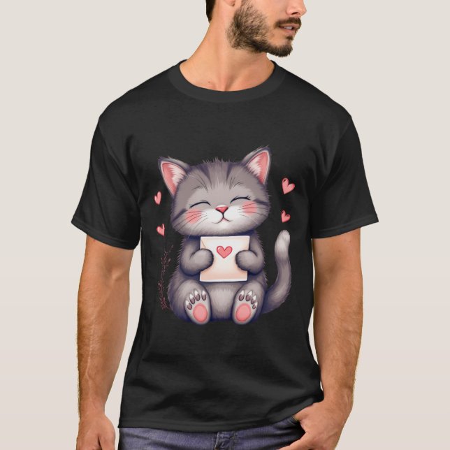 Cute Grey Kitten Holding Love Letter ✨🐾💌 T Shirt (Framsida)