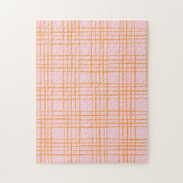Cute Grid Linjer Mönster Pastel Rosa och Orange Pussel (Vertikal)