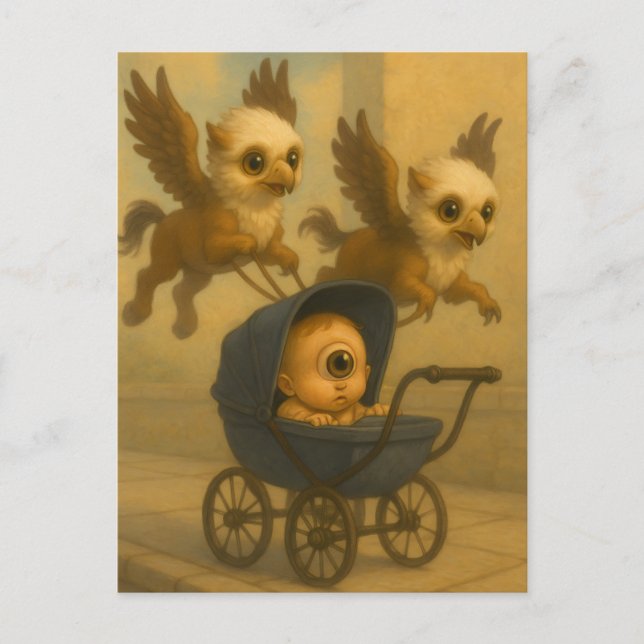 Cute Griffins & Baby Cyclops Mythology Fantasy Art Vykort (Framsida)
