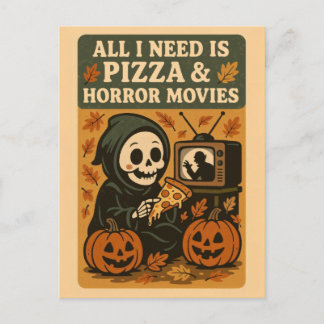 Cute Grim Reaper Eating Pizza Funny Halloween Vykort