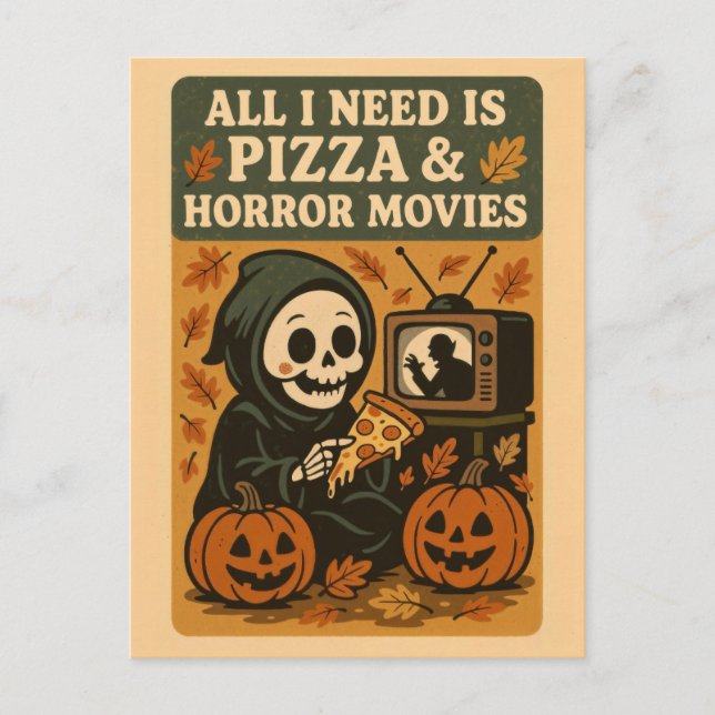 Cute Grim Reaper Eating Pizza Funny Halloween Vykort (Framsida)