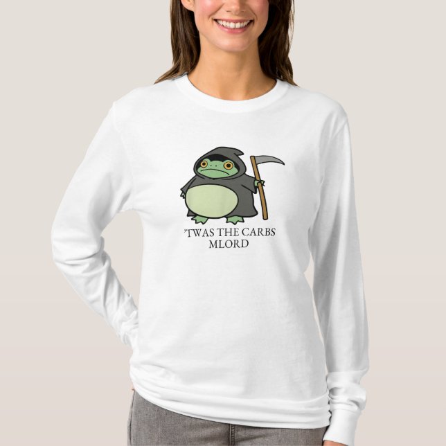 Cute Grim Reaper Frog - ’Twas the Carbs M'Lord’ T Shirt (Framsida)