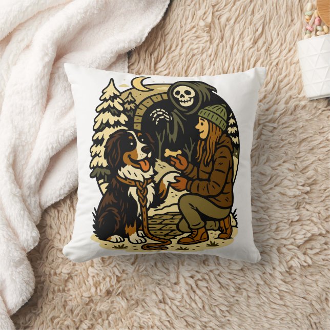 Cute Grim Reaper Girl and Dog Spooky Forest Night Kudde (Filt)