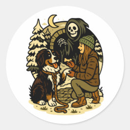 Cute Grim Reaper Girl and Dog Spooky Forest Night Runt Klistermärke