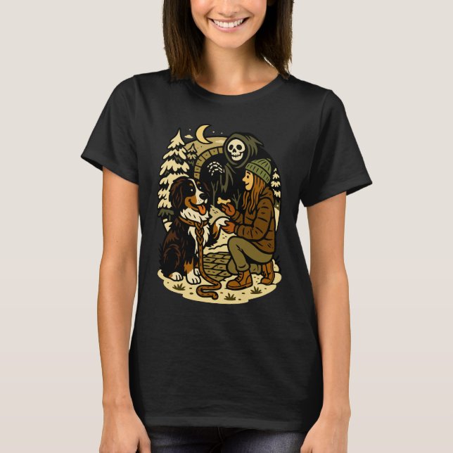 Cute Grim Reaper Girl and Dog Spooky Forest Night T Shirt (Framsida)