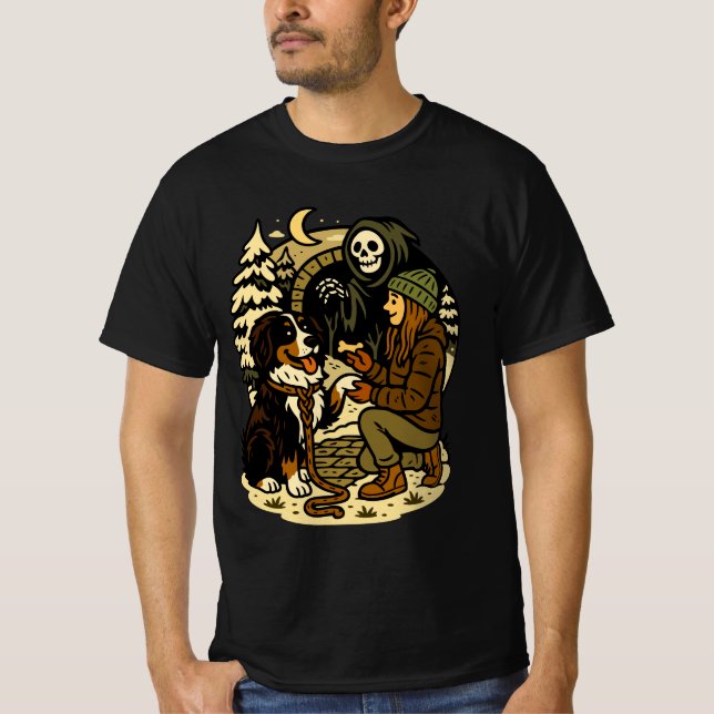 Cute Grim Reaper Girl and Dog Spooky Forest Night T Shirt (Framsida)